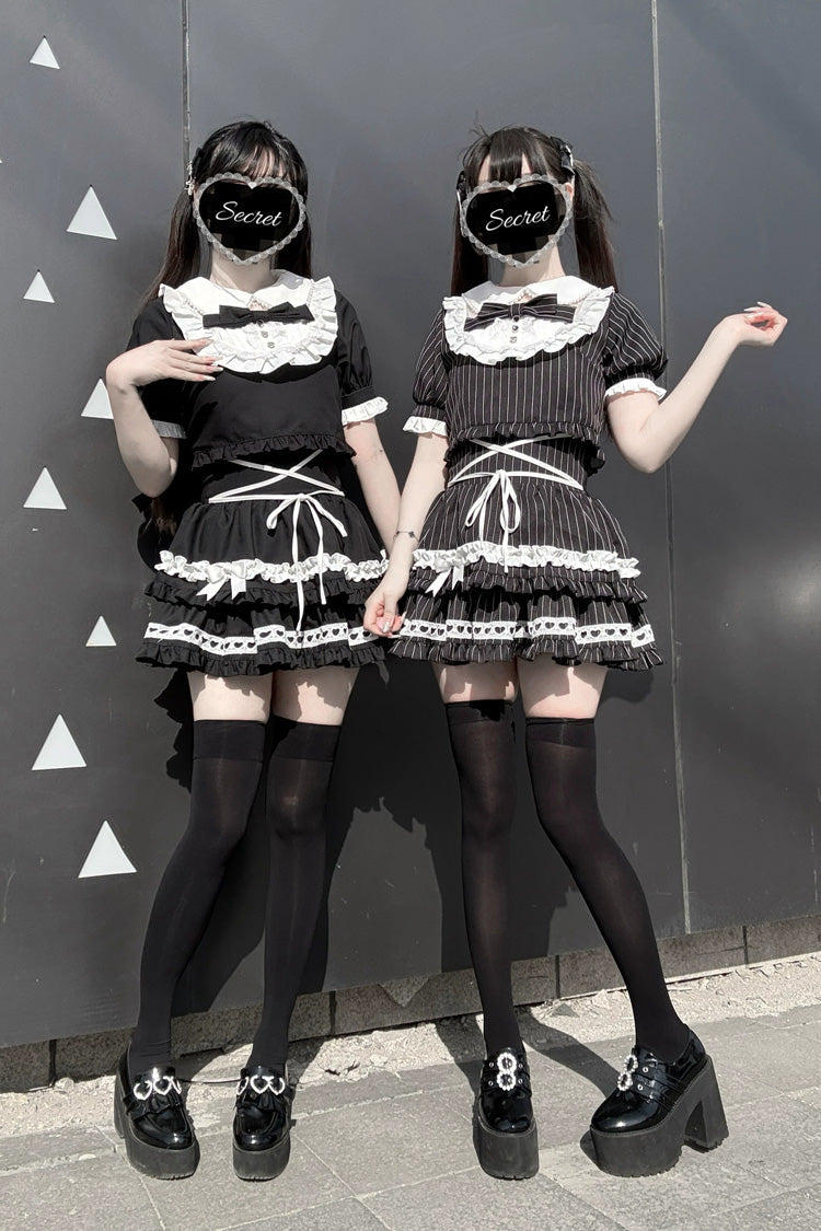 Double-Layered Skirt Set with Doll Collar and Bow Accents