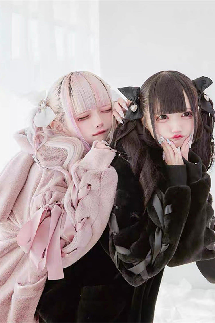 Rabbit-Ear Hooded Bow Lace-Up Long-Sleeve Noir Coat