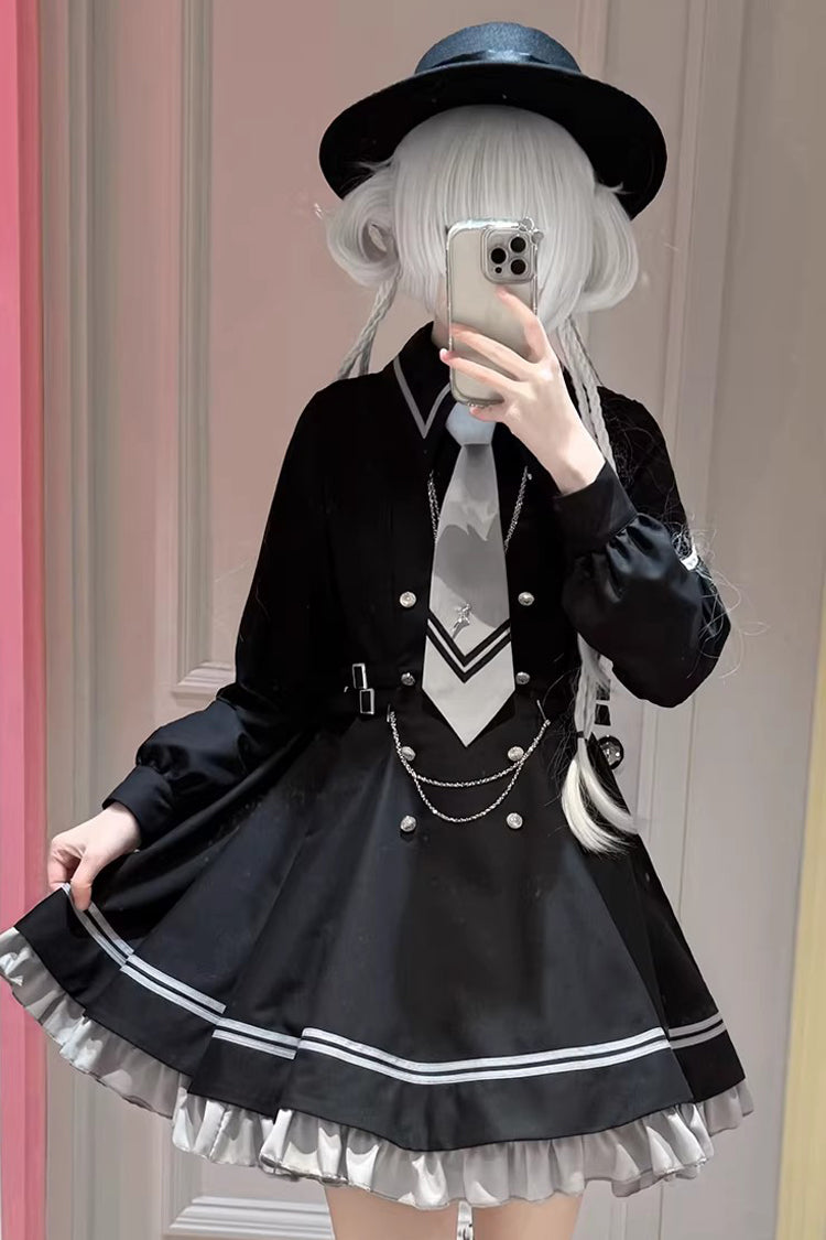 Printed Ruffled Chain-Decorated Gothic Jirai Kei Dress Set