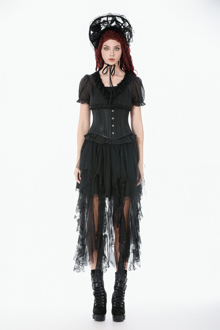 Matte Black Lace-Up Underbust Corset with Sheer Panels - Punk Style