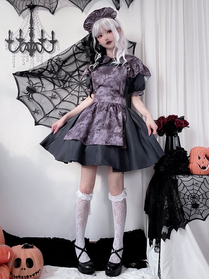 Halloween Costume Dark Maid Black Dress with Purple Apron