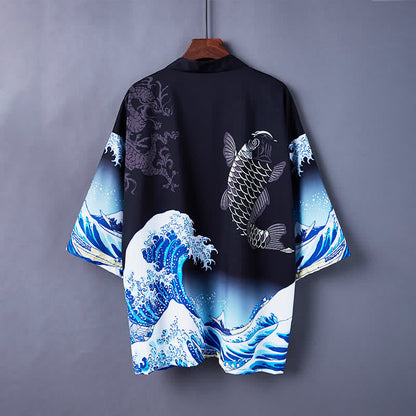 Vintage Wave Carp Print Casual Cardigan Kimono Outerwear