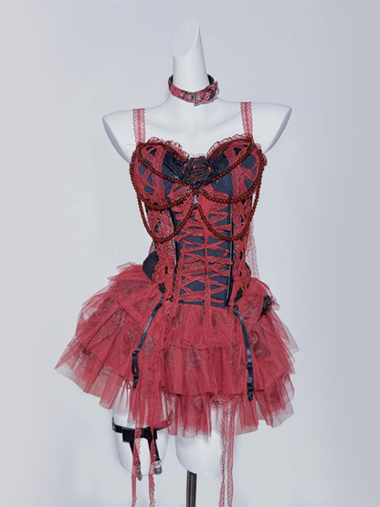 Gothic Red Black Lace Trim Corset Cami Top