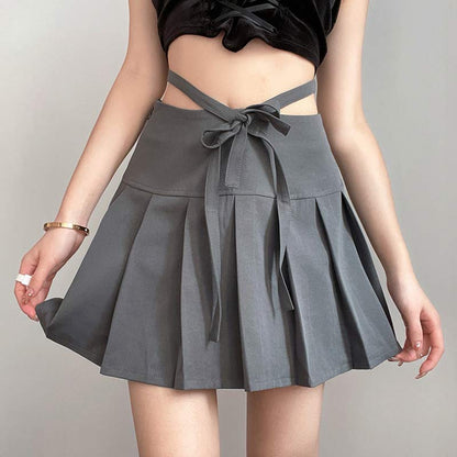 High Waist Lace Up Bow Pleated Skirt