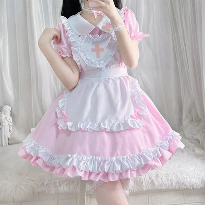 Kawaii Cross Print Ruffled Maid Lolita Dress Set