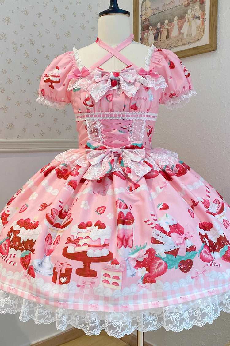 Pink Strawberry Parfait Print Ruffle Bow Lace-Up Lolita Dress