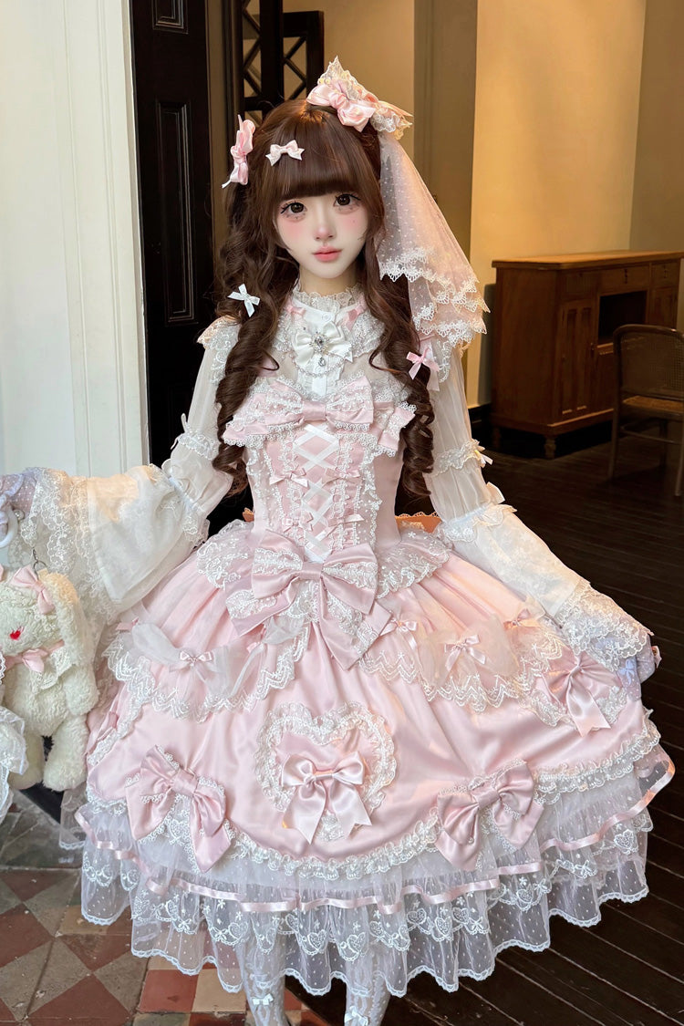 Blush Sleeveless Embroidered Lace-Up Bow Lolita JSK - Sweetheart