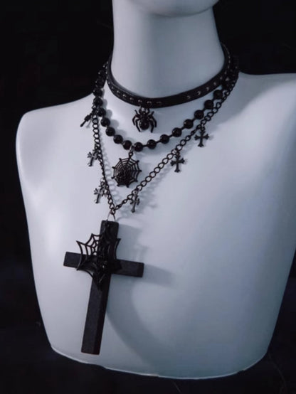 Spider Web Cross Pendant Black Triple Layered Necklace