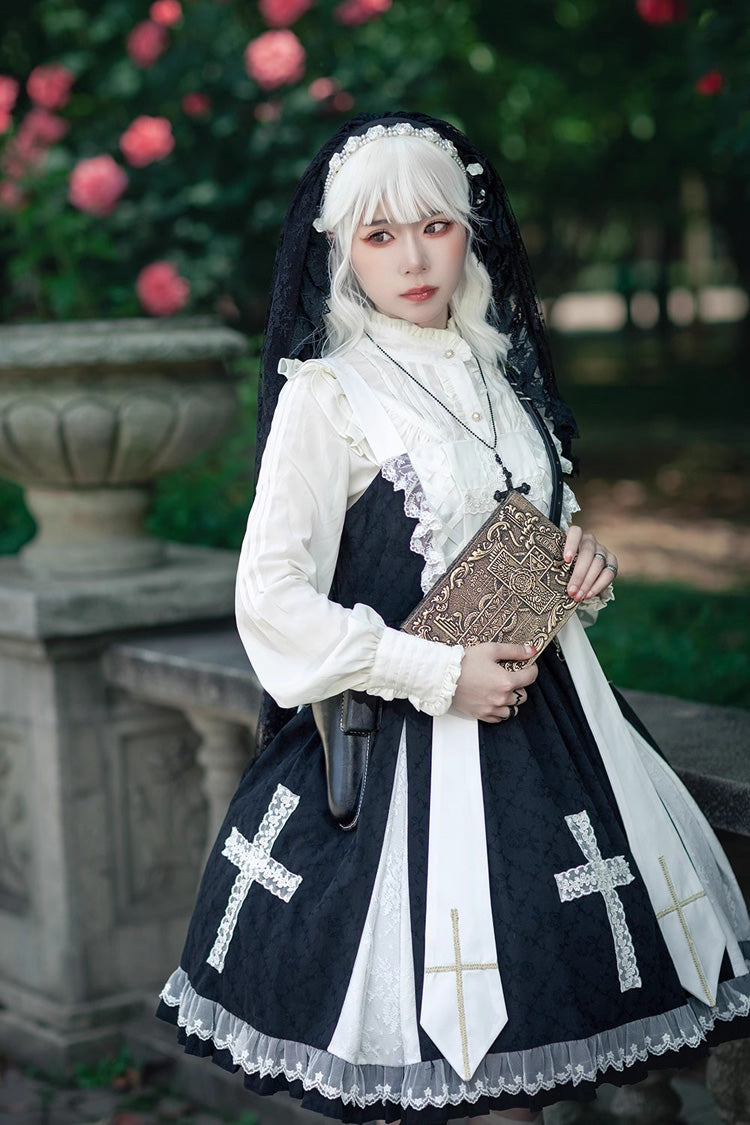 Black Gothic Lolita Dress with Cross Print and Ruffled Sleeveless
