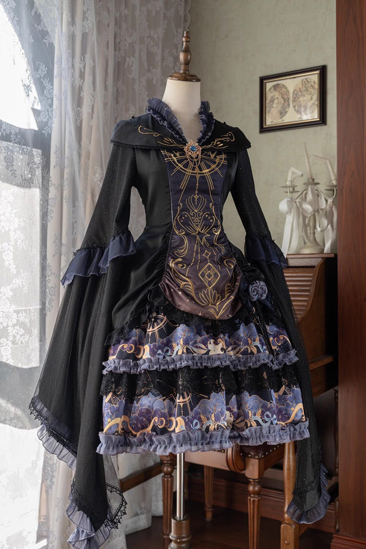 Black Astrology Cat Long Sleeve Double-Layered Lace Gothic Dress