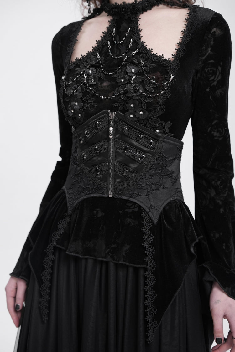 Underbust Corset with Batwing Beaded Lace-Up & Zip Closure