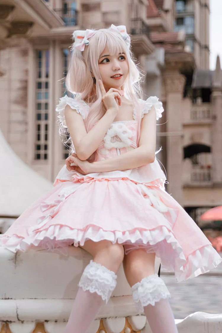 Miss Meow Print Bowknot Skirt Set