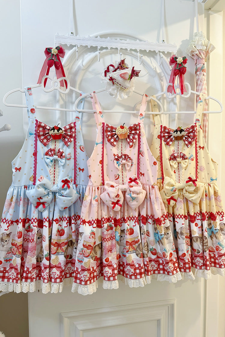 Strawberry Cake Kitty Sleeveless Printed Bow Lace Sweet Strap Dress