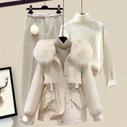 Fleece Hooded Coat Turtleneck Sweater Casual Pants