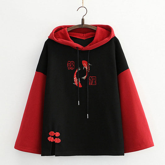 Vintage Red Fish Letter Embroidery Hoodie