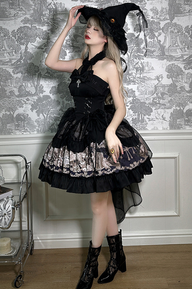 Noir Halter Neck Printed Ruffle Bow Drawstring Gothic Dress - The Mystery of The Doll