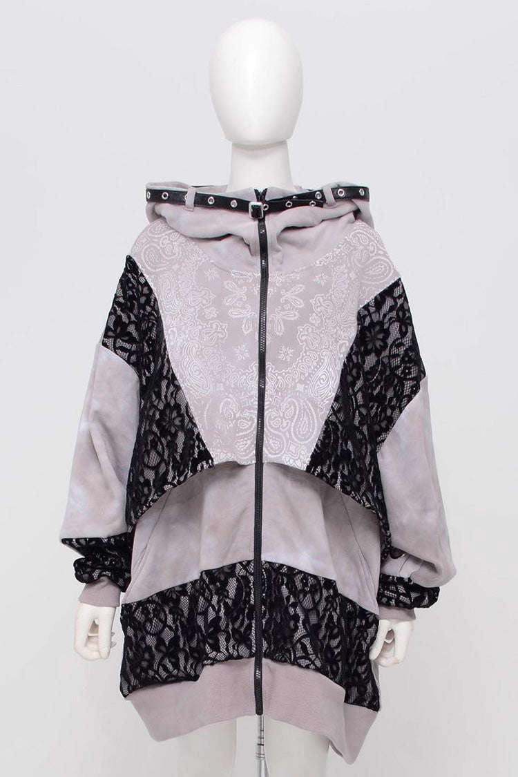 Color Blocking Long Sleeve Print Hooded Tie-Dyed Zipper Jirai Kei Coat