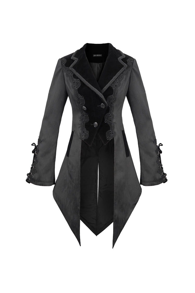Women's Gothic Coat in Black with Decals, Metal Button Lace-Up Cuffs & Striped Jacquard
