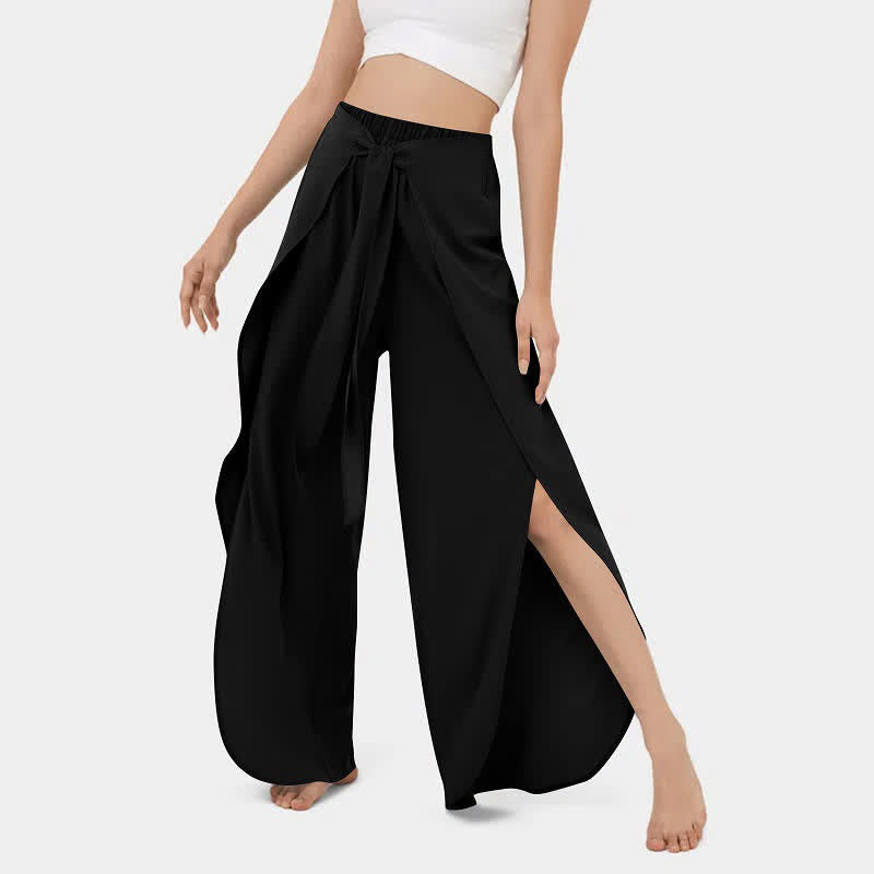 Lace Up Flowy Split Wide Leg Casual Pants