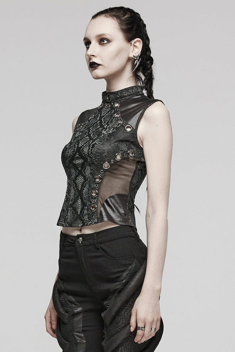 Snake Print Metal Ring Hollow Steampunk Vest - Black Victorian Punk