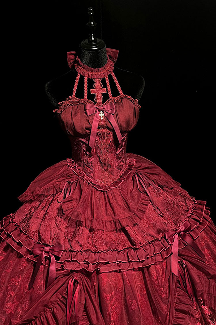 Wine Red Cross Halterneck Ruffle Bowknot Lace Lace-Up Gothic Dress