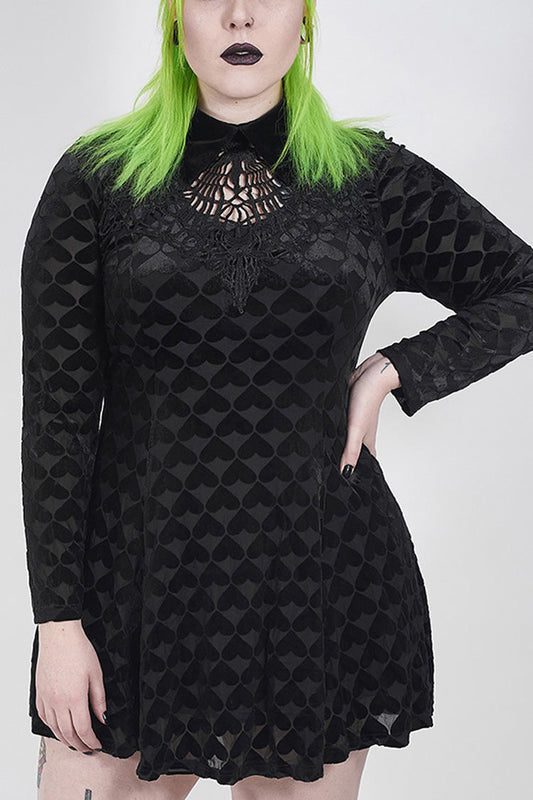 Plus Size Gothic Dress for Women in Black with Hollow-Out Decals, Long Sleeves & Velvet Print