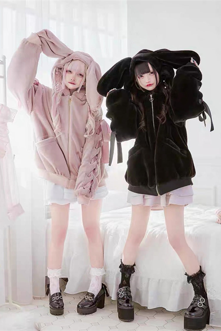 Rabbit-Ear Hooded Bow Lace-Up Long-Sleeve Noir Coat