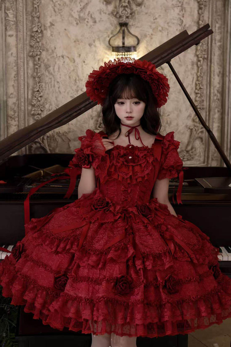 Crimson Rose Manor Square Neck Short Sleeve Ruffled Bow Lace Classic Lolita Gown