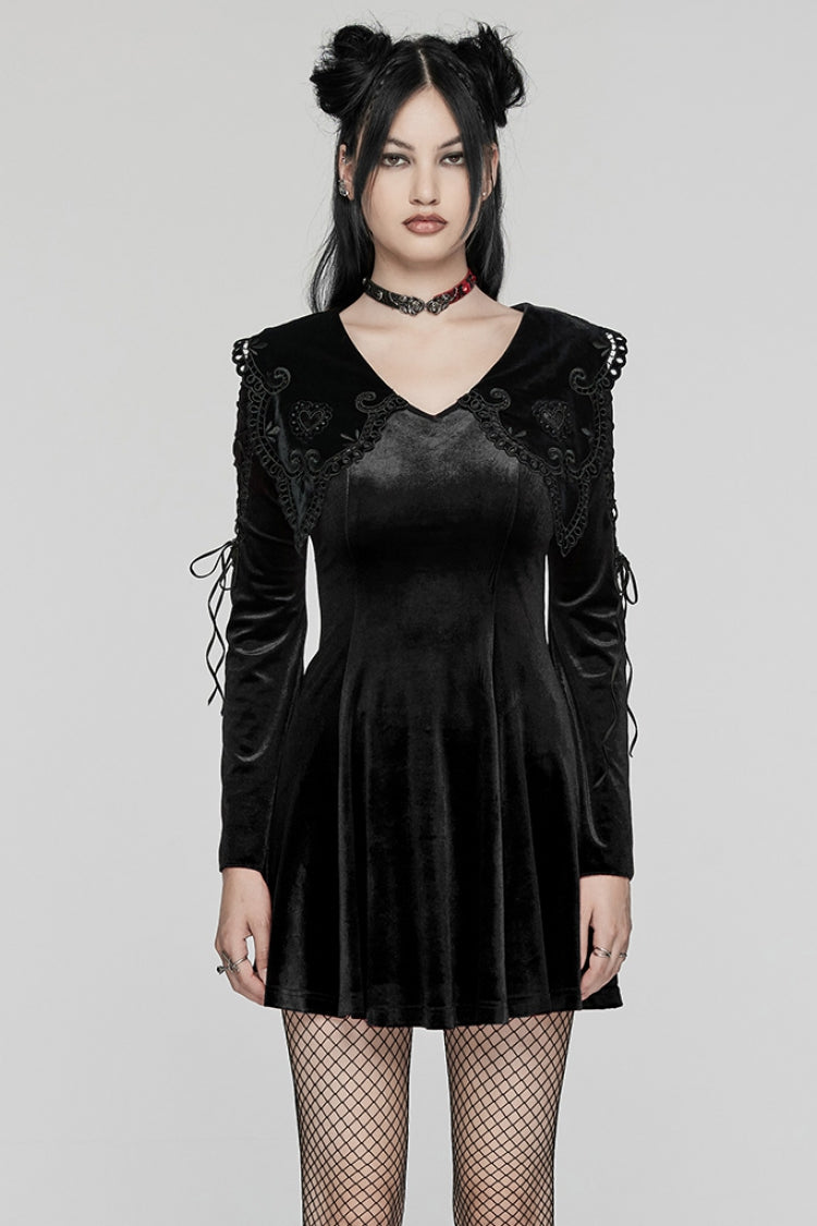 Ebony Doll Collar Long Sleeves Gradient Embroidered Gothic Prom Dress