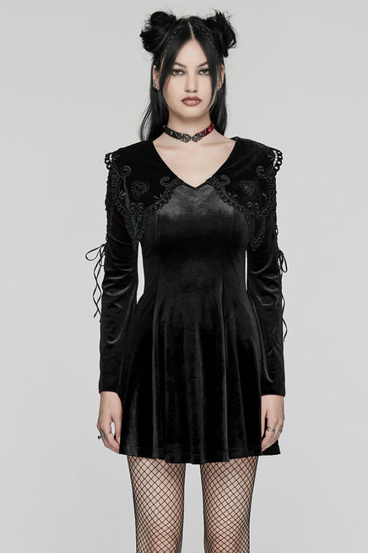 Ebony Doll Collar Long Sleeves Gradient Embroidered Gothic Prom Dress
