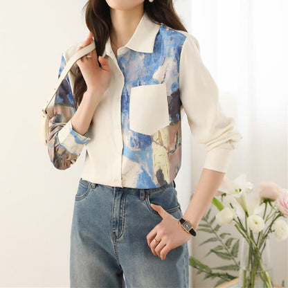 Irregular Printing Chiffon Pocket Lapel Shirt