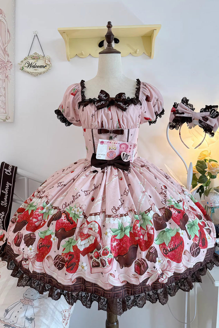 Chocolate Lover Square Collar Printed Bow Lace Sweet Lolita Dress