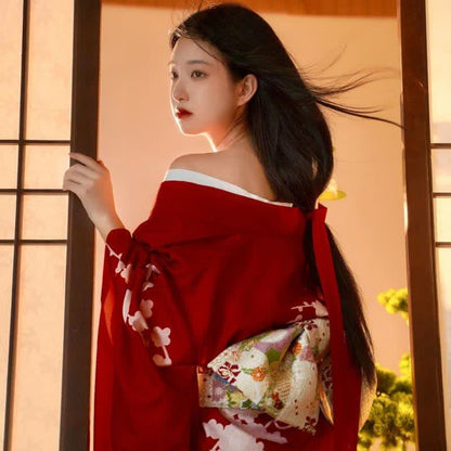 Red Elegant Print Traditional Kimono Dress