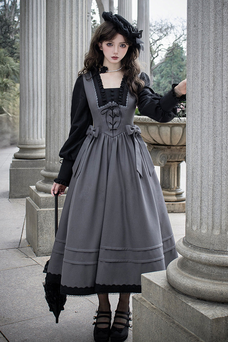 Ash Square-Collar Color-Block Lolita Gown with Lace-Up Bow