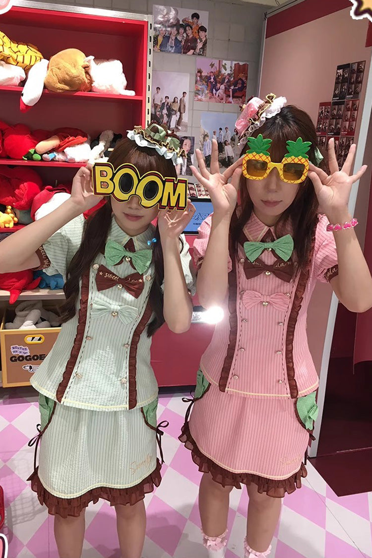 Pink Vintage Apron Bow Print Soda Lolita Skirt Ensemble - Sweet Soda