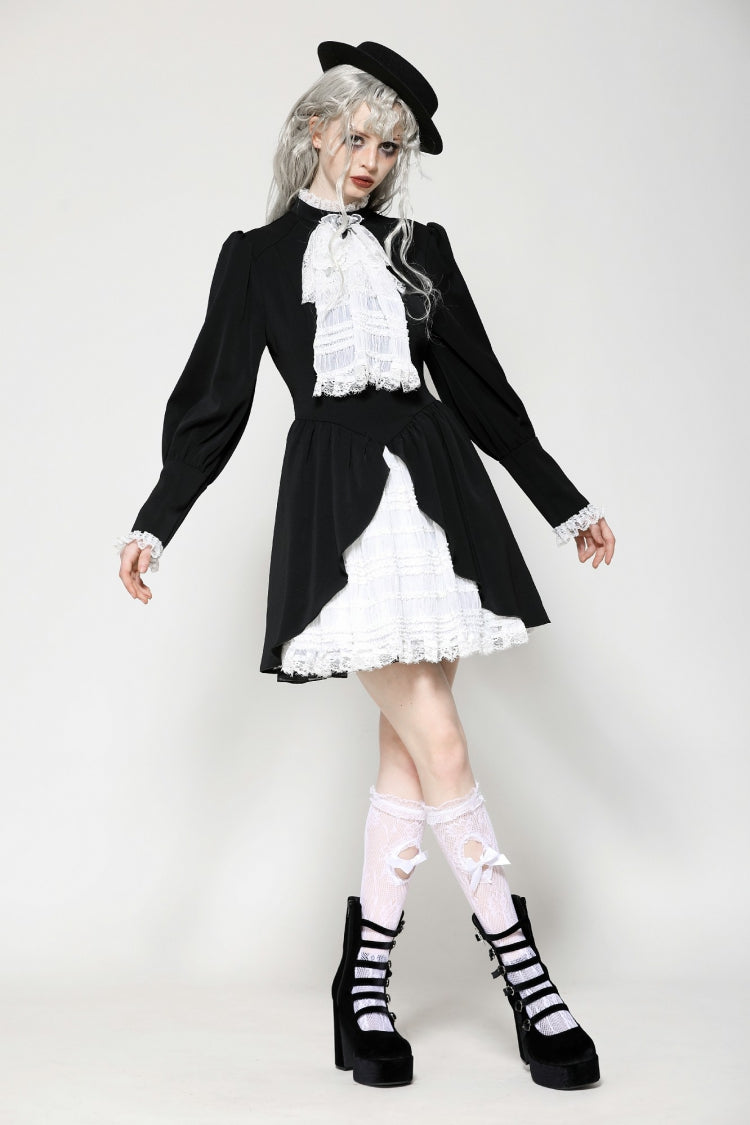 Monochrome Gothic Dress with Pleated Lace, Stand Collar, and Puff Sleeves
