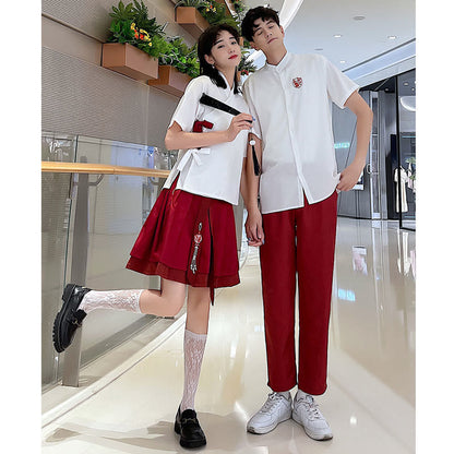 Couple Vintage Embroidery T-Shirt Lace Up Skirt Pants