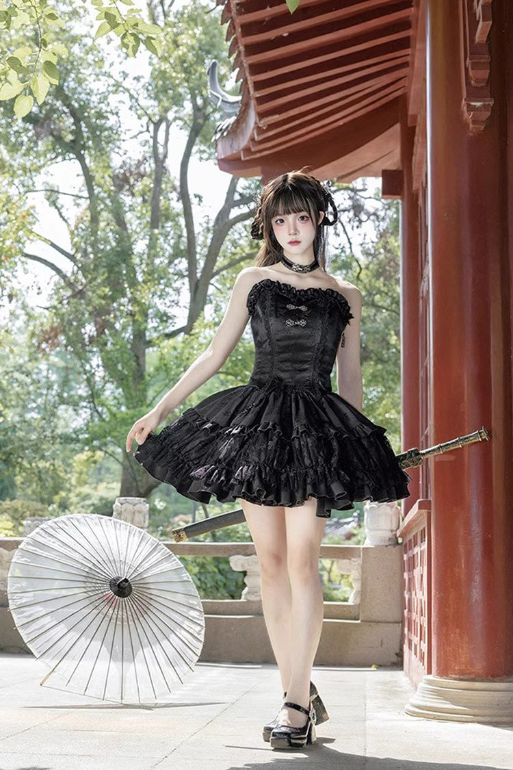 Gothic Lolita Skirt Set with Bamboo Dream, Dark Pattern, Ruffles and Multi-layer