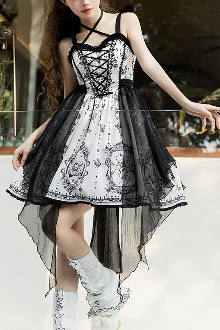 Black and White Sleeveless Gothic JSK Dress with Butterfly Print