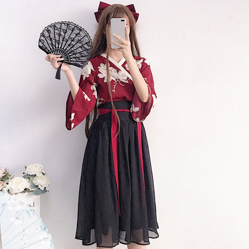 Floral Red Black Hanfu Costume Set