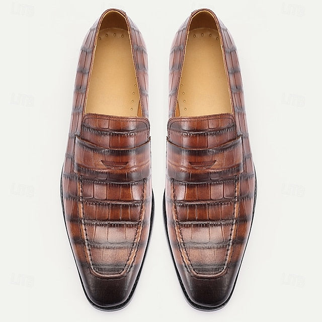 Shoes Leather Pattern Crocodile Classic Dress - Brown Men's