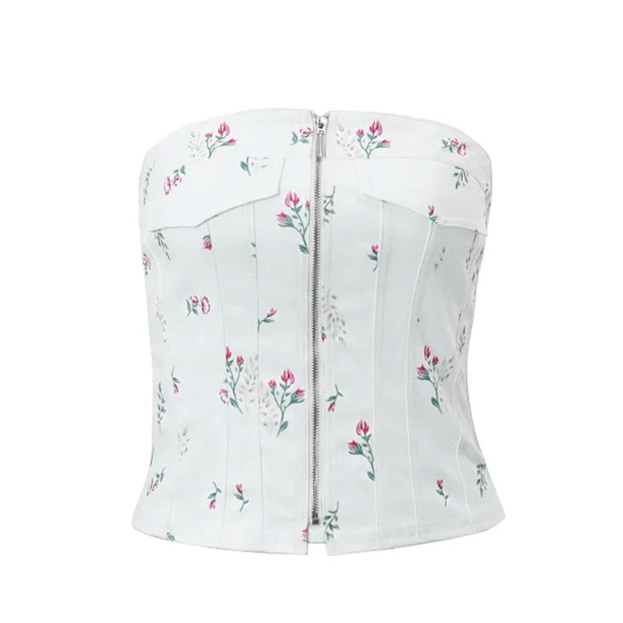 White Floral Zip Up Corset Top