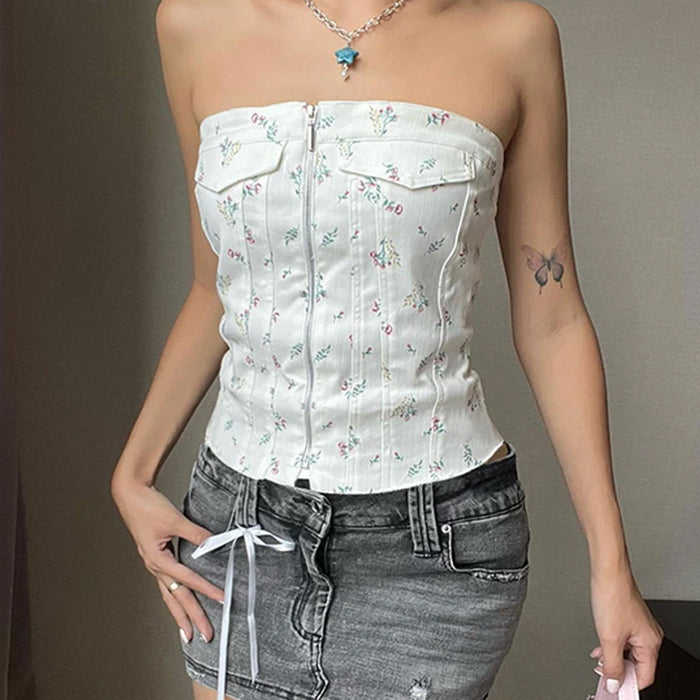 White Floral Zip Up Corset Top