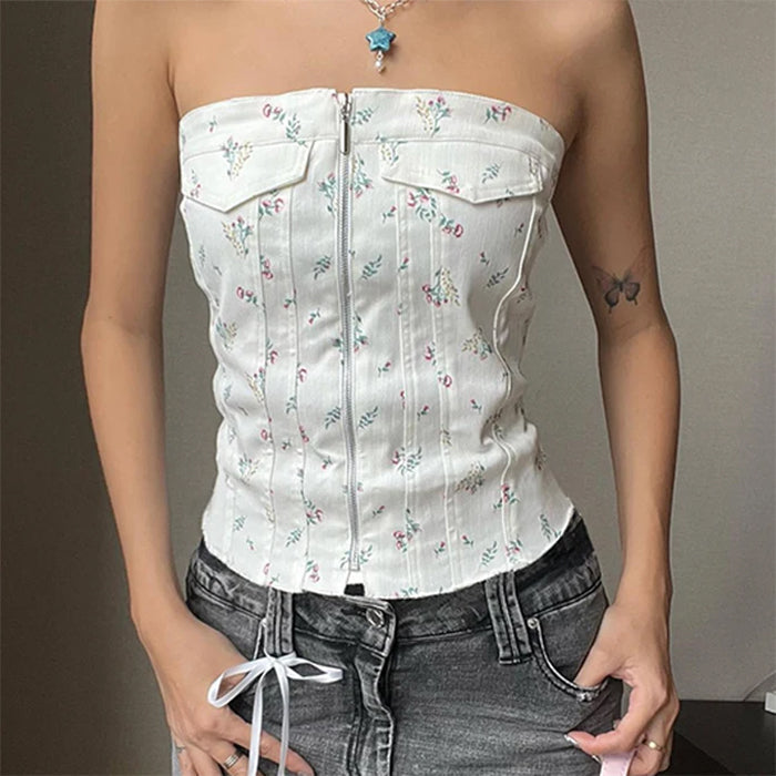 White Floral Zip Up Corset Top