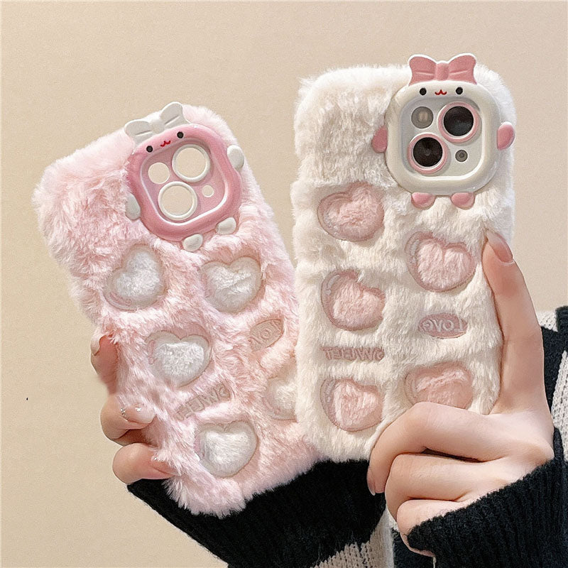 Fuzzy heart imprinted iphone case - bows - fluffy - furry - heart - hearts