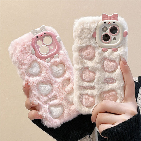 Fuzzy heart imprinted iphone case - bows - fluffy - furry - heart - hearts