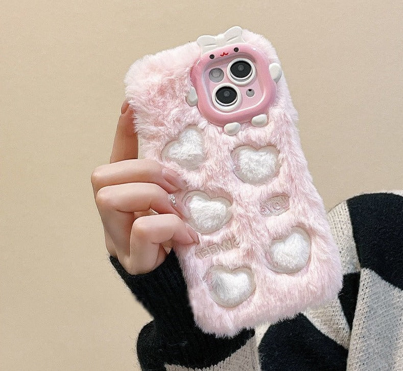 Fuzzy heart imprinted iphone case - bows - fluffy - furry - heart - hearts