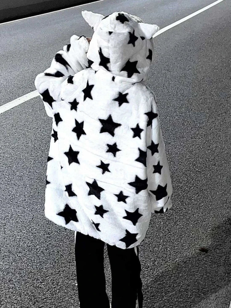 Kawaii fuzzy stars y2k oversized zip up hoodie sweater