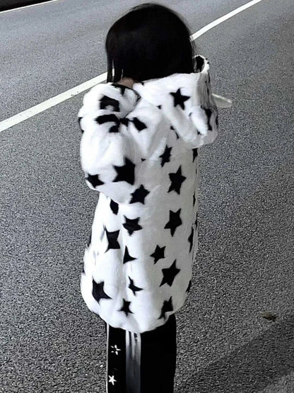 Kawaii fuzzy stars y2k oversized zip up hoodie sweater