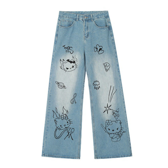 Blue Cat Print Jeans